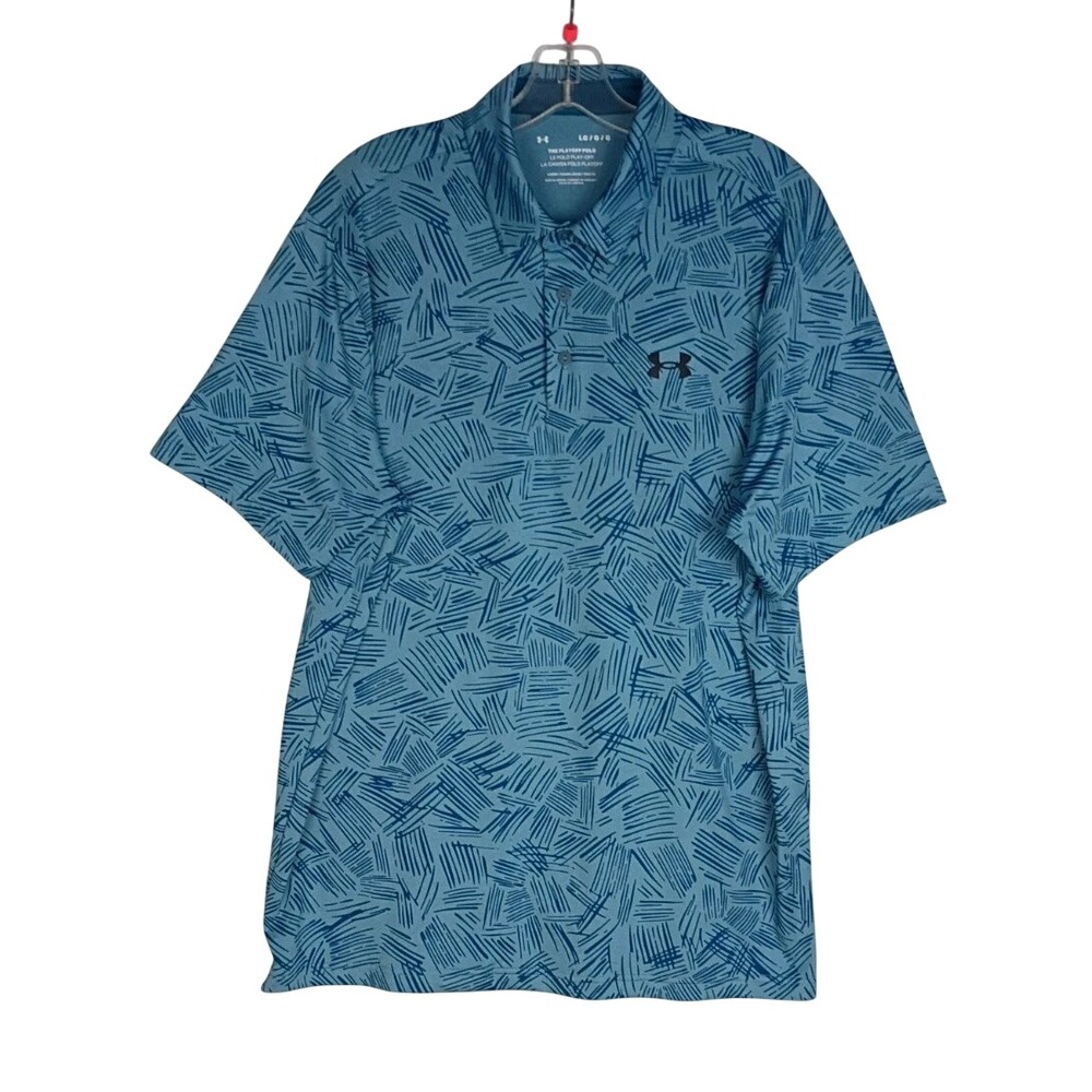 Under Armour Blue the play-Off Golf Polo Shirt L Loose Geometric Comfort Casual